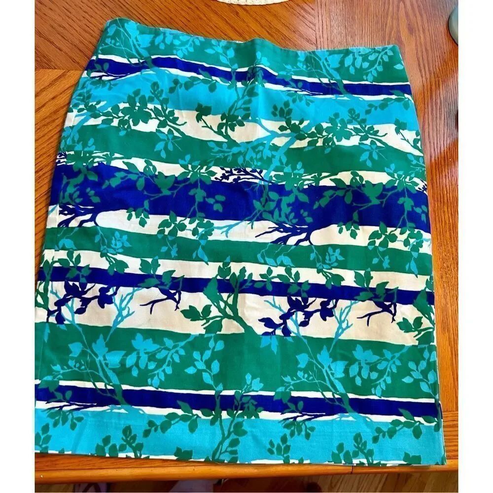 Talbots Multicolor Leaves Blue Green Cream Lined Linen Skirt